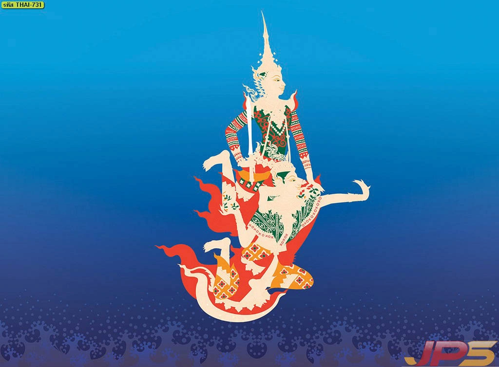 ภาพตกแต่งห้องพระลายไทยมงคลรูปพระนารายณ์ทรงครุฑพื้นหลังสีส้มสดใส พิมพ์ลายเส้นหนุมานสีทองวิจิตรเพิ่มความน่าเกรงขามให้กับพื้นที่