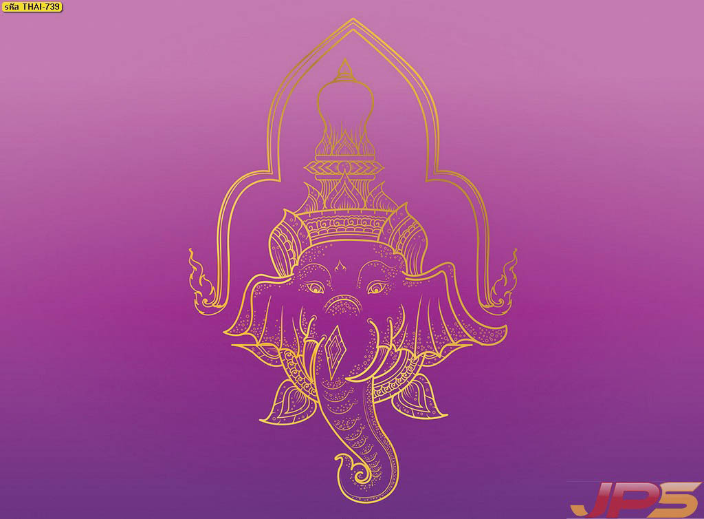 รูปติดผนังห้องพระลายช้างมงคลศิลปะไทย พื้นหลังสีม่วงทองช่วยเพิ่มมิติความสง่างาม เหมาะกับงานตกแต่งภายในแนวไทยร่วมสมัย