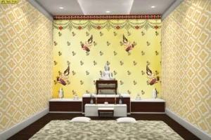 วอลเปเปอร์ลายเทพพนมพื้นขาวเหลืองติดตั้งบนผนังห้องพระสีทองเหลืองสว่างช่วยสร้างบรรยากาศแห่งความศรัทธาในบ้านที่ทันสมัย