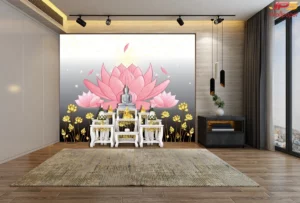 ภาพจำลองห้องพระตกแต่งด้วยวอลเปเปอร์ลายดอกบัวสีชมพู ฉากหลังโทนสีเทาเรียบหรู ช่วยให้ห้องดูเงียบสงบและศักดิ์สิทธิ์
