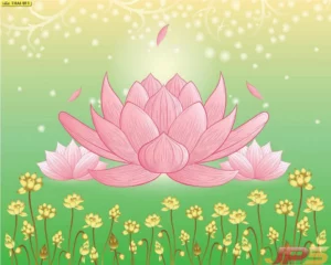 กราฟิกลายดอกบัวตกแต่งห้องพระพื้นหลังโทนสีเขียวธรรมชาติ ให้ความรู้สึกสดชื่นและผ่อนคลาย เหมาะกับการทำสมาธิอย่างยิ่ง