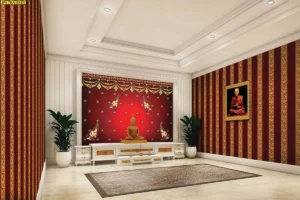 ภาพจำลองห้องพระตกแต่งด้วยวอลเปเปอร์ลายเทพพนมพื้นแดงลายทองคู่กับลายหลุยส์สีทองช่วยสร้างความหรูหราและประณีตให้แก่พื้นที่บูชาพระ