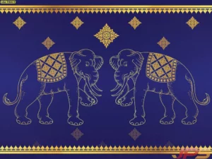 ภาพวอลเปเปอร์ลายช้างคู่พื้นหลังสีน้ำเงินเข้ม เสริมสิริมงคลห้องพระ วัสดุเป็นผ้าแคนวาสหลังเทาพรีเมียม สั่งพิมพ์ขนาดตามจริง