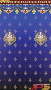 รูปติดผนังห้องพระลายไทยเทพพนม ลายเทพพนมพนมมือในพุ่มข้าวบิณฑ์จัดวางถี่ละเอียดบนพื้นน้ำเงินสว่าง งานพิมพ์คุณภาพสูงเพื่อความสมบูรณ์แบบ