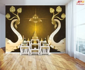 ตัวอย่างการตกแต่งภายในห้องพระด้วยภาพพิมพ์ลายช้างคู่ชูดอกบัว ขนาดเต็มผนังหลังโต๊ะหมู่บูชาไม้แกะสลักสีขาวดูสะอาดตาและหรูหรา