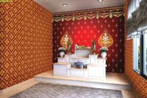 ตัวอย่างการตกแต่งห้องพระด้วยวอลเปเปอร์ลายเทพพนมพื้นแดงลายทองและสติ๊กเกอร์ลายไทยติดผนังช่วยคุมโทนห้องให้ดูสวยงามตามแบบแผนไทย