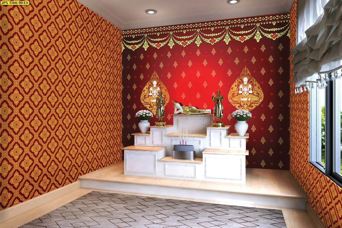 ตัวอย่างการตกแต่งห้องพระด้วยวอลเปเปอร์ลายเทพพนมพื้นแดงลายทองและสติ๊กเกอร์ลายไทยติดผนังช่วยคุมโทนห้องให้ดูสวยงามตามแบบแผนไทย