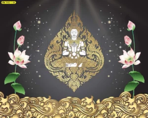 ภาพมงคลลายเทพพนมพื้นดำเทา ลายไทยสีทองพร้อมดอกบัว เหมาะกับห้องพระโทนขรึมที่ต้องการความเรียบหรูมีมิติร่วมสมัย