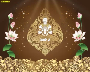 ภาพมงคลลายเทพพนมพื้นน้ำตาลทอง ลายกนกและดอกบัว ช่วยให้ผนังห้องพระดูอบอุ่น เป็นระเบียบ และนุ่มนวลขึ้นชัดเจน