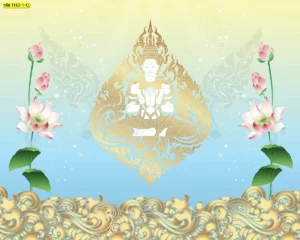 ภาพมงคลลายเทพพนมพื้นฟ้าอ่อน ดอกบัวสองข้างและลายไทยสีทอง เหมาะกับห้องพระโทนสว่างที่ต้องการความโปร่งตาสบาย