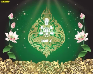 ภาพมงคลลายเทพพนมพื้นเขียวเข้ม ลายกนกทองและดอกบัว เหมาะกับงานตกแต่งห้องพระให้ดูเด่น สงบ และมีมิติแบบไทย