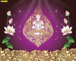 ภาพมงคลลายเทพพนมพื้นม่วงแดง ลายไทยสีทองและดอกบัว เหมาะกับผนังห้องพระที่ต้องการจุดนำสายตาและโทนลึกสงบพิเศษ