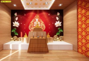 ภาพจำลองห้องพระติดผนังลายเทพพนมพื้นแดง ช่วยให้เห็นสัดส่วนงานจริงก่อนผลิตตามขนาดผนังและตำแหน่งติดตั้งหลัก