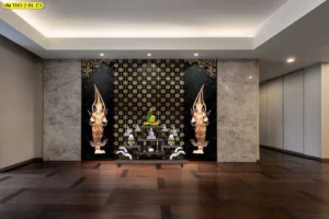 วอลเปเปอร์เทพพนมลายไทยตกแต่งห้องพระเต็มผนัง โทนดำทองพร้อมองค์ประกอบครบชุดในงานออกแบบภายใน