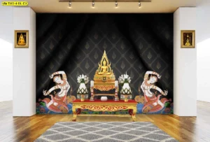ภาพจำลองตกแต่งห้องพระด้วยวอลเปเปอร์ลายพระแม่ธรณีฉากหลังสีดำ สร้างความโดดเด่นและเงียบสงบอย่างลงตัว เสริมบารมี