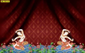 วอลเปเปอร์ศิลปะไทยลายพระแม่ธรณีพื้นหลังสีแดงชาด ลวดลายคมชัดสวยงาม เหมาะสำหรับตกแต่งห้องพระเพื่อความสง่างามขั้นสุด