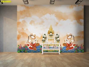 ตัวอย่างการตกแต่งห้องพระสไตล์โมเดิร์นด้วยวอลเปเปอร์สั่งพิมพ์ลายศิลปะไทยพระแม่ธรณี ยกระดับความหรูหราให้พื้นที่บ้าน