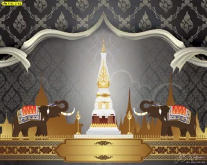 ภาพศิลปะไทยลายช้างมงคลโทนเทาดำ โดดเด่นด้วยองค์พระธาตุสีขาวทองกลางภาพ เหมาะใช้เป็นรูปติดผนังห้องพระให้ดูขรึม สุขุม และมีมิติ