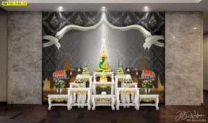 ภาพศิลปะไทยลายช้างมงคลโทนเทาเข้ม ติดหลังโต๊ะหมู่บูชาแล้วช่วยขับองค์พระให้เด่น เหมาะสำหรับห้องพระภายในบ้านที่ต้องการบรรยากาศสุขุมและเป็นระเบียบ