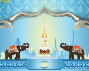 ภาพมงคลลายช้างไทยพื้นสีฟ้าอ่อน ช่วยให้ผนังห้องพระดูสว่าง โปร่ง และนุ่มนวล เหมาะกับบ้านสมัยใหม่ที่ต้องการงานศิลปะไทยร่วมสมัย
