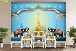 รูปติดผนังห้องพระลายช้างไทยพื้นฟ้าอ่อน ช่วยให้พื้นที่ดูโปร่ง สว่าง และนุ่มนวล เหมาะกับการจัดห้องพระในบ้านสมัยใหม่ที่ต้องการกลิ่นอายศิลปะไทย