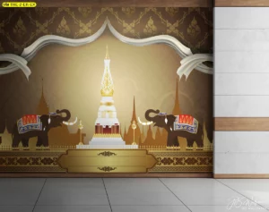 ภาพตกแต่งห้องพระลายช้างไทยโทนน้ำตาลทอง ให้ความรู้สึกอบอุ่นคลาสสิก ช่วยเติมความสง่างามให้ผนังภายในและเหมาะกับงานตกแต่งสไตล์ไทยประยุกต์
