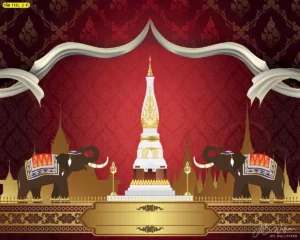 ภาพศิลปะไทยลายช้างมงคลโทนแดงเข้ม ตัดกับองค์พระธาตุสีขาวทองกลางภาพอย่างลงตัว เหมาะใช้ตกแต่งห้องพระให้ดูสง่างามและทรงพลัง