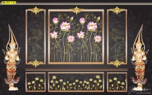 ตกแต่งภายในห้องพระด้วยวอลเปเปอร์ลายดอกบัวพื้นดำช่วยให้ห้องดูสงบตามแบบฉบับงานศิลปะไทยร่วมสมัย