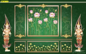 ภาพจำลองการตกแต่งผนังห้องพระด้วยวอลเปเปอร์ลายดอกบัวสีทองพื้นเขียวเข้ม