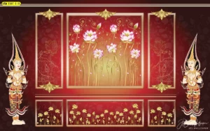 วอลเปเปอร์ห้องพระลายไทยประยุกต์โทนสีแดงเข้มตกแต่งผนังด้วยภาพวาดดอกบัวพุทธศิลป์และเทวดาพนมมือ