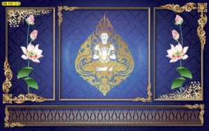 วอลเปเปอร์เทพพนมลายบัวพื้นสีน้ำเงินตกแต่งด้วยลายกนกสีทองและดอกบัวชมพูสำหรับติดผนังห้องพระในวัดหรือสถานที่ปฏิบัติธรรม