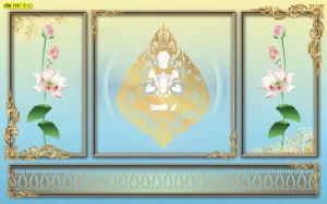 รูปติดผนังห้องพระลายเทพพนมลายบัวพื้นสีฟ้าอ่อนดีไซน์โปร่งสบายตาช่วยสร้างบรรยากาศที่เงียบสงบและดูทันสมัยสำหรับห้องสวดมนต์ในอาคาร