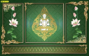 สติ๊กเกอร์ลายเทพพนมลายบัวพื้นสีเขียวพิมพ์ลายไทยประณีตสำหรับตกแต่งภายในห้องพระช่วยส่งเสริมความร่มเย็นและเป็นระเบียบตามแบบแผนศิลปะไทย