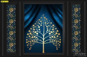 ภาพพุทธศิลป์ตกแต่งผนังคอนโดลายใบโพธิ์กราฟิกสีน้ำเงินเข้มตัดลายเส้นสีทองแบบประณีตสำหรับงานกรุผนังห้องพระที่เน้นความหรูหรา
