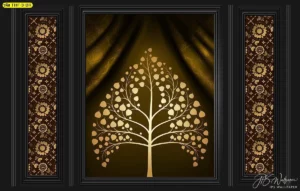 วอลเปเปอร์สั่งพิมพ์ขนาดตามพื้นที่ลายใบโพธิ์สีน้ำตาลทองที่มีความอ่อนช้อยของศิลปะไทยช่วยสร้างมิติให้ผนังดูมีชีวิตชีวาและคลาสสิก