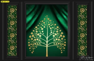 ภาพพื้นหลังลายไทยสีทองพื้นเข้มโทนสีเขียวเหนี่ยวมรดกทางวัฒนธรรมไทยผ่านลายใบโพธิ์พุทธศิลป์เหมาะสำหรับการตกแต่งห้องพระและมุมศักดิ์สิทธิ์