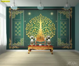 ภาพจำลองงานสถาปัตย์ตกแต่งภายในห้องพระด้วยวอลเปเปอร์กรุผนังลายต้นโพธิ์สีทองพื้นเขียวสร้างบรรยากาศร่มเย็นเป็นสิริมงคล