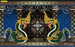 วอลเปเปอร์กรุผนังลายไทยพญานาคสีทองบนพื้นหลังสีดำเข้มขรึม ช่วยสร้างมิติและความสง่างามให้กับมุมทำสมาธิในห้องพระ