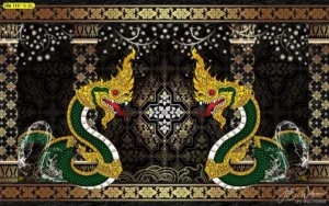 ภาพศิลปะไทยติดผนังห้องพระลายพญานาคสีทองพื้นน้ำเงินเข้ม พิมพ์ลายเส้นละเอียดคมชัดด้วยเทคโนโลยีการผลิตวอลเปเปอร์เกรดพรีเมียม