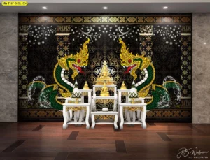 ภาพจำลองการตกแต่งภายในห้องพระขนาดใหญ่ด้วยวอลเปเปอร์กรุผนังลายไทยพญานาคสีน้ำเงินหรูหราเข้ากับงานไม้สถาปัตยกรรมไทย