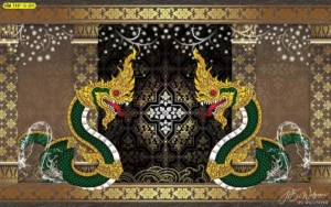วอลเปเปอร์ลายพญานาคสีทองพื้นน้ำตาลทองสะท้อนความมั่งคั่งและอบอุ่น เหมาะสำหรับกรุผนังหลังองค์พระประธานให้ดูโดดเด่นมีพลัง