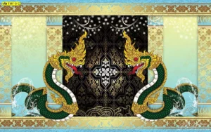 วอลเปเปอร์กรุผนังลายไทยพญานาคโทนสีครีมละมุนตา เหมาะสำหรับการตกแต่งสถานปฏิบัติธรรมที่ต้องการบรรยากาศสว่าง สงบ และสะอาดตา
