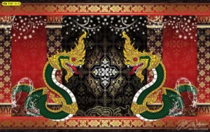 งานสั่งพิมพ์วอลเปเปอร์กรุผนังลายไทยพญานาคสีทองพื้นแดงมงคล ช่วยเพิ่มพลังและความสง่างามให้กับห้องรับรองหรือห้องพระภายในบ้าน