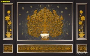 ฉากหลังห้องพระดีไซน์ลายต้นโพธิ์ทอง บนพื้นหลังสีดำหรูหรา เพิ่มความโดดเด่นให้กับลวดลายไทยสีทองคำเปลวด้วยเทคนิคการพิมพ์ขั้นสูง