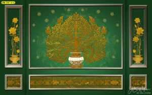 ภาพพิมพ์ลายไทยขนาดใหญ่สำหรับตกแต่งผนังสูง สีเขียวมรกต ลวดลายต้นโพธิ์และแจกันดอกบัวสีทองวิจิตร บรรยากาศร่มเย็นเป็นสุข