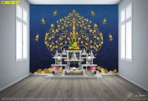 ภาพจำลองห้องพระโทนสีน้ำเงินประดับวอลเปเปอร์ลายต้นโพธิ์ทองขนาดใหญ่สวยงามหลังโต๊ะหมู่บูชาสีขาวดูสงบและเป็นทางการยิ่งขึ้น
