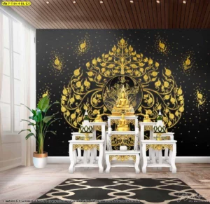 ไอเดียการตกแต่งผนังห้องพระสีดำลายต้นโพธิ์ทองประยุกต์สวยงามทันสมัยช่วยให้ลวดลายไทยสีทองดูโดดเด่นและมีมิติเมื่อกระทบกับ