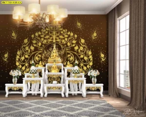 ภาพตัวอย่างวอลเปเปอร์ลายไทยสีน้ำตาลทองประดับผนังหลังหิ้งพระในบ้านช่วยยกระดับการตกแต่งภายในให้ดูหรูหราและมีความเป็นไทยร่วมสมัย