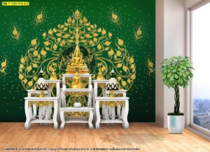 วอลเปเปอร์ตกแต่งผนังสีเขียวมรกตลายใบโพธิ์ทองลิขสิทธิ์แบบพรีเมียมเหมาะสำหรับติดตั้งภายในห้องพระเพื่อสร้างจุดเด่นที่ดูประณีตและสวยงาม