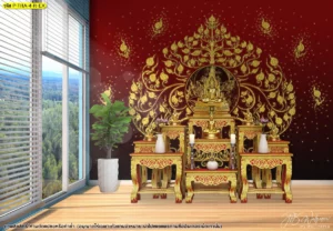 การตกแต่งห้องพระด้วยวอลเปเปอร์สีแดงสดลายต้นโพธิ์ทองประกอบกับโต๊ะหมู่บูชาไม้สักสีทองสวยงามช่วยสร้างความศรัทธาและความเป็นสิริมงคล